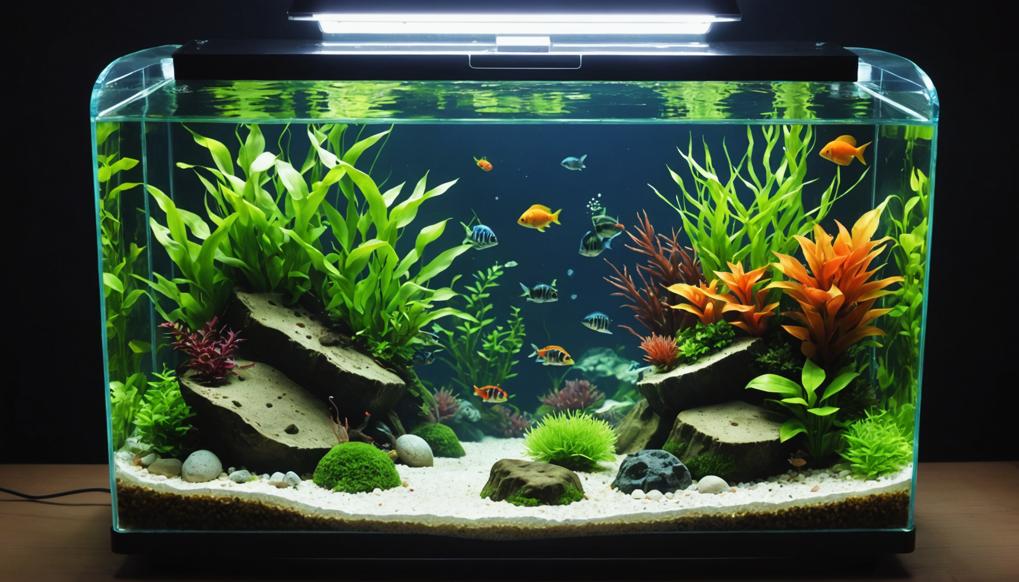 A brightly lit self-sustaining aquarium showcases colorful fish, vibrant green plants, and rocks against a dark background, crafting a lively small underwater world.