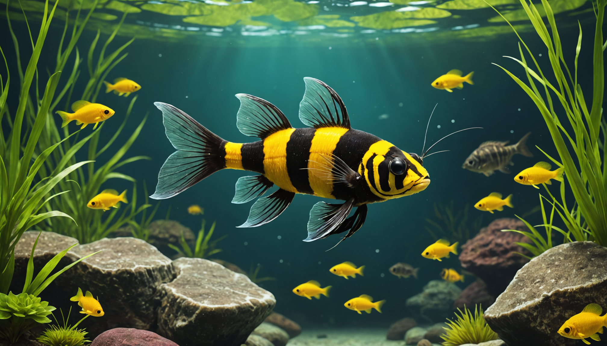 A colorful fish with black and yellow stripes, reminiscent of the striking bumblebee catfish, swims in a vibrant underwater scene filled with rocks, plants, and smaller yellow fish.