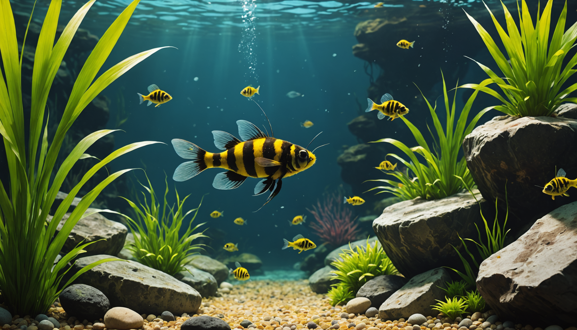 A group of vibrant, yellow and black striped fish swim gracefully among rocks and plants in a clear underwater scene, reminiscent of how bumblebee catfish glide through their habitats.