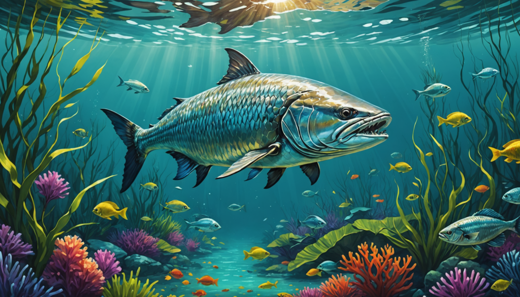 A large fish, reminiscent of a tarpon that can indeed live in both saltwater and freshwater, swims in a colorful underwater scene with smaller fish and vibrant coral, illuminated by light rays from above.