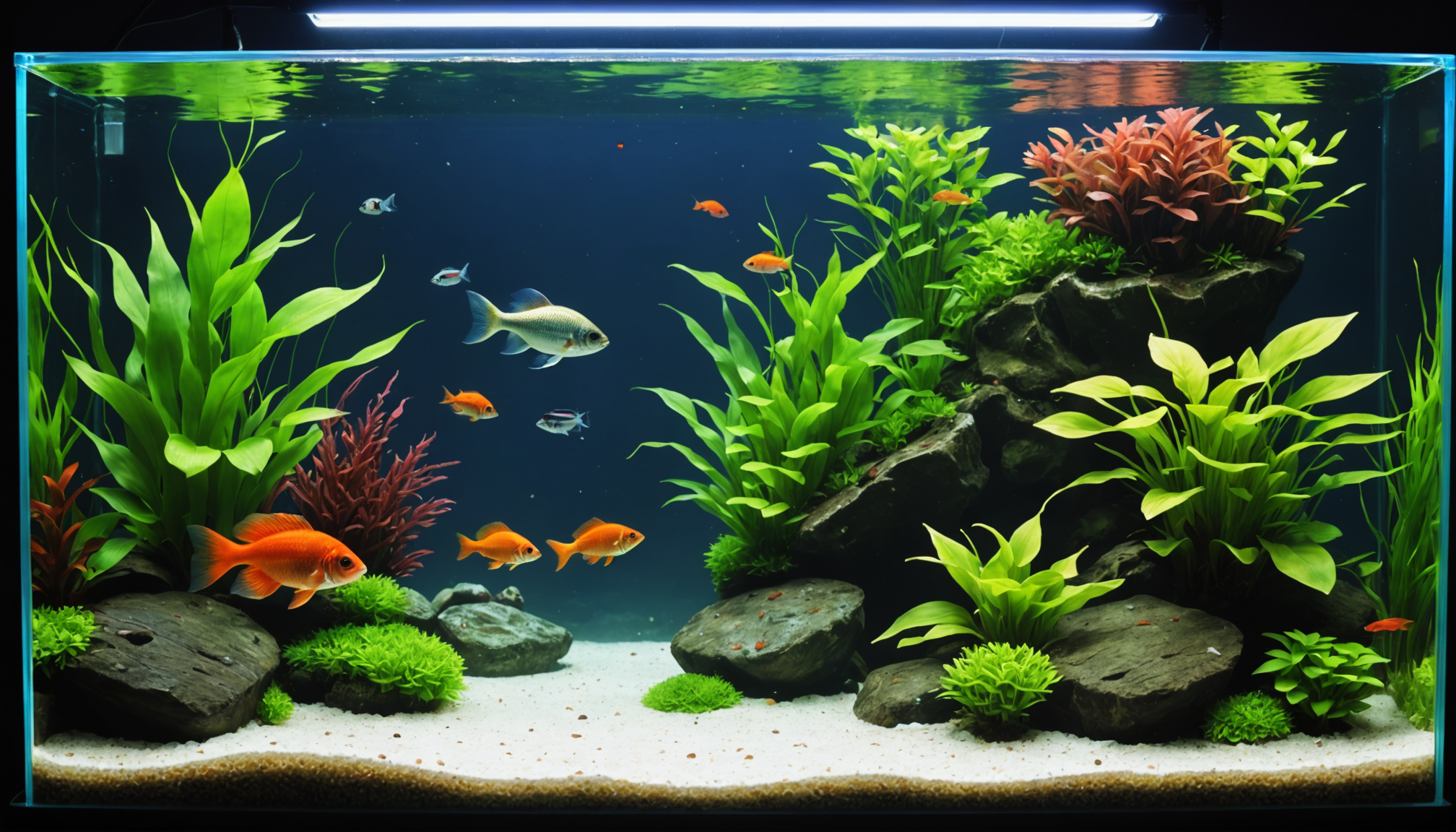 A small self-sustaining aquarium showcases various fish, including goldfish and tetras, thriving amidst green plants, rocks, and a sandy bottom under bright lighting.