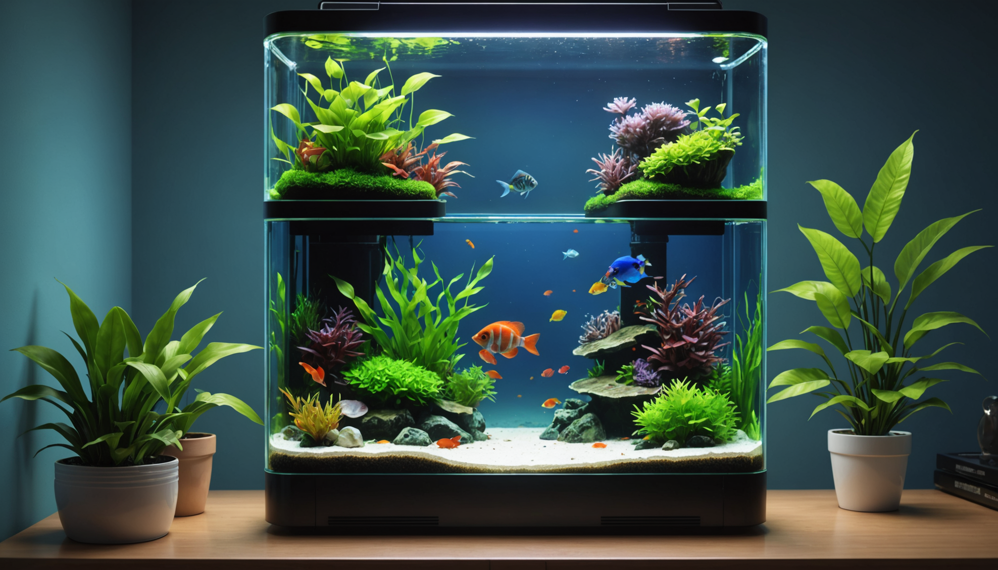 A small self-sustaining, two-tier aquarium hosts various tropical fish and vibrant aquatic plants. Several potted plants adorn the wooden surface around the aquarium, creating a harmonious blend of nature indoors.