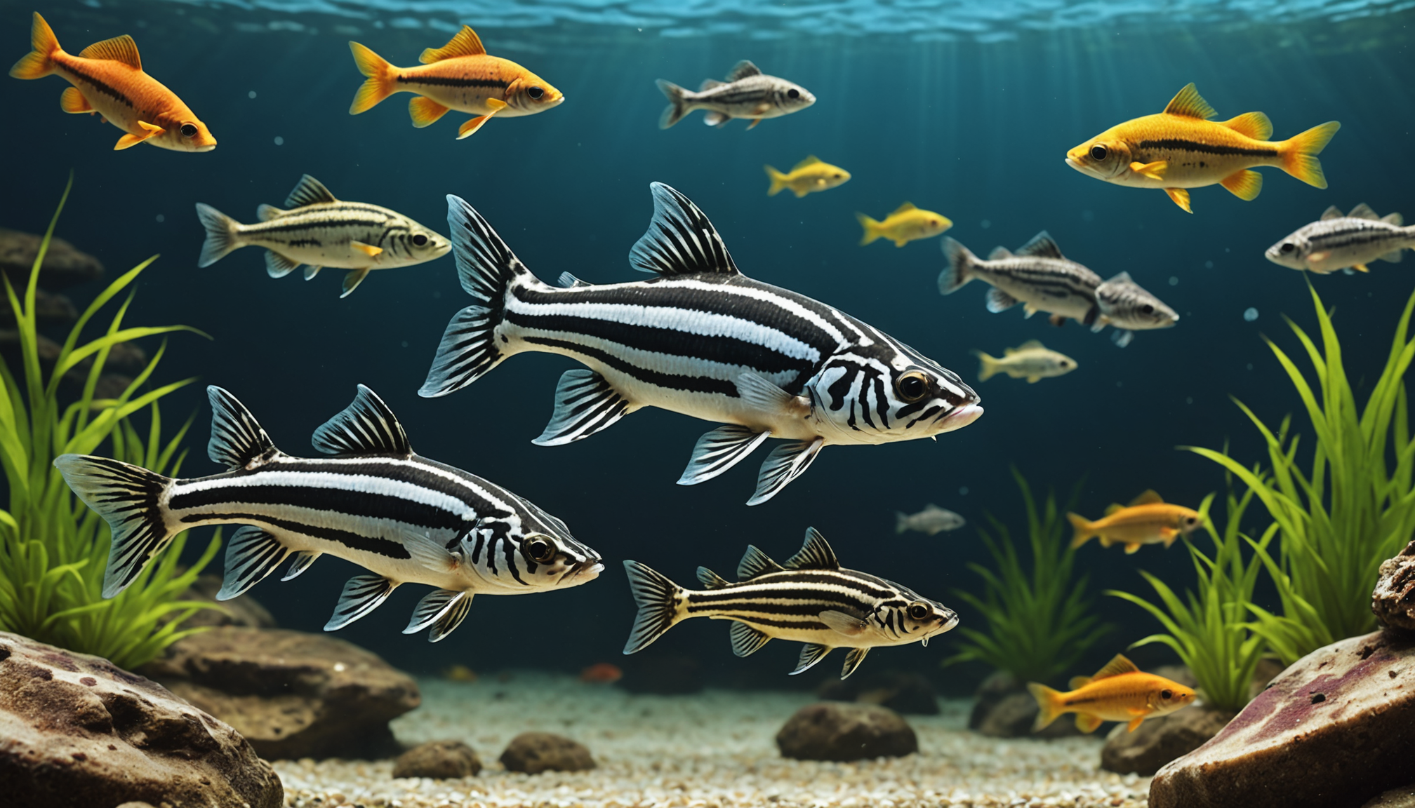 A variety of fish, including zebra-striped ones and bottom-feeding aquarium fish, swim gracefully in a clear aquarium adorned with rocks and lush plants.