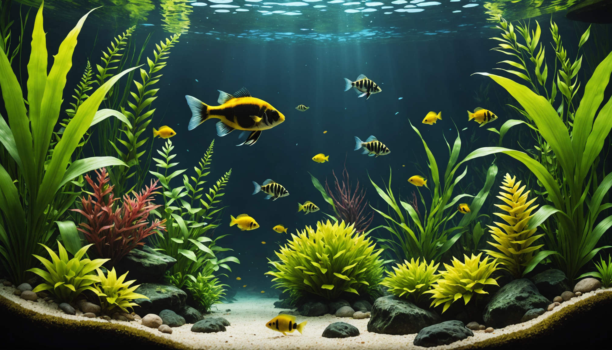 A vibrant aquarium scene showcases various fish swimming among lush green plants and rocks under dappled sunlight, while bumblebee catfish glide through the water, reminding onlookers to wonder how big these mesmerizing creatures can truly get.