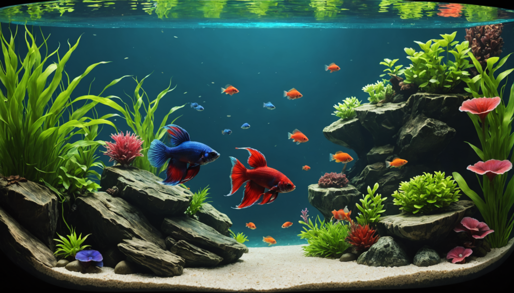 A vibrant aquarium with colorful fish, including two large bettas peacefully coexisting with a Pleco amidst green plants, rocks, and coral.