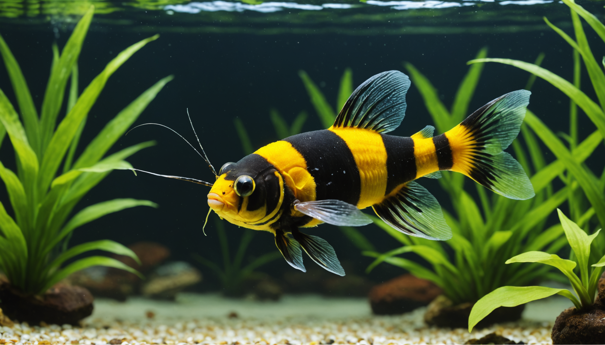 A vibrant black and yellow striped fish, reminiscent of how big Bumblebee Catfish get, swims gracefully in an aquarium adorned with lush green plants and gravel.