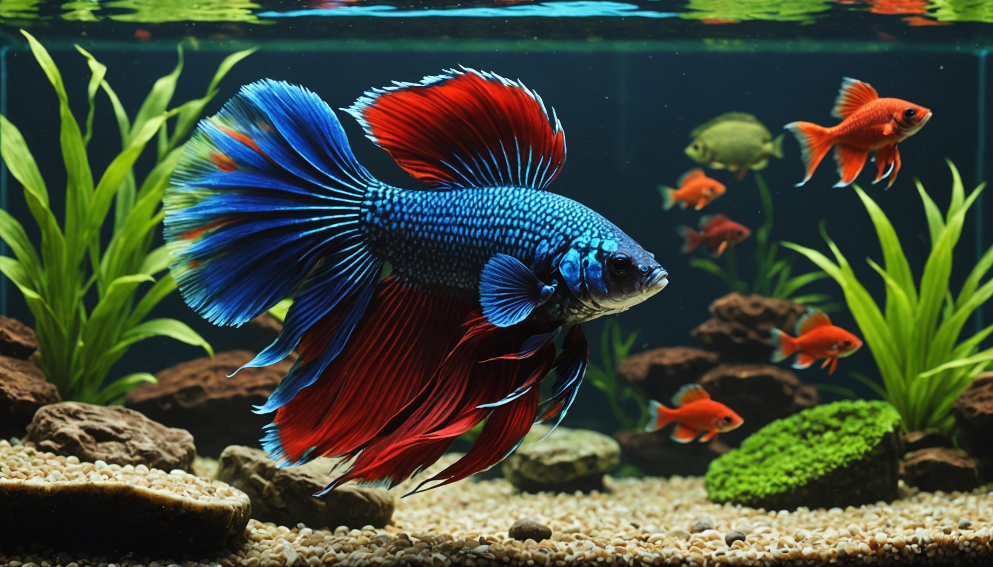 A vibrant blue and red betta fish gracefully swims in an aquarium adorned with lush green plants and several small orange fish, sparking curiosity—can a Pleco live peacefully with a betta in such a colorful underwater haven?.