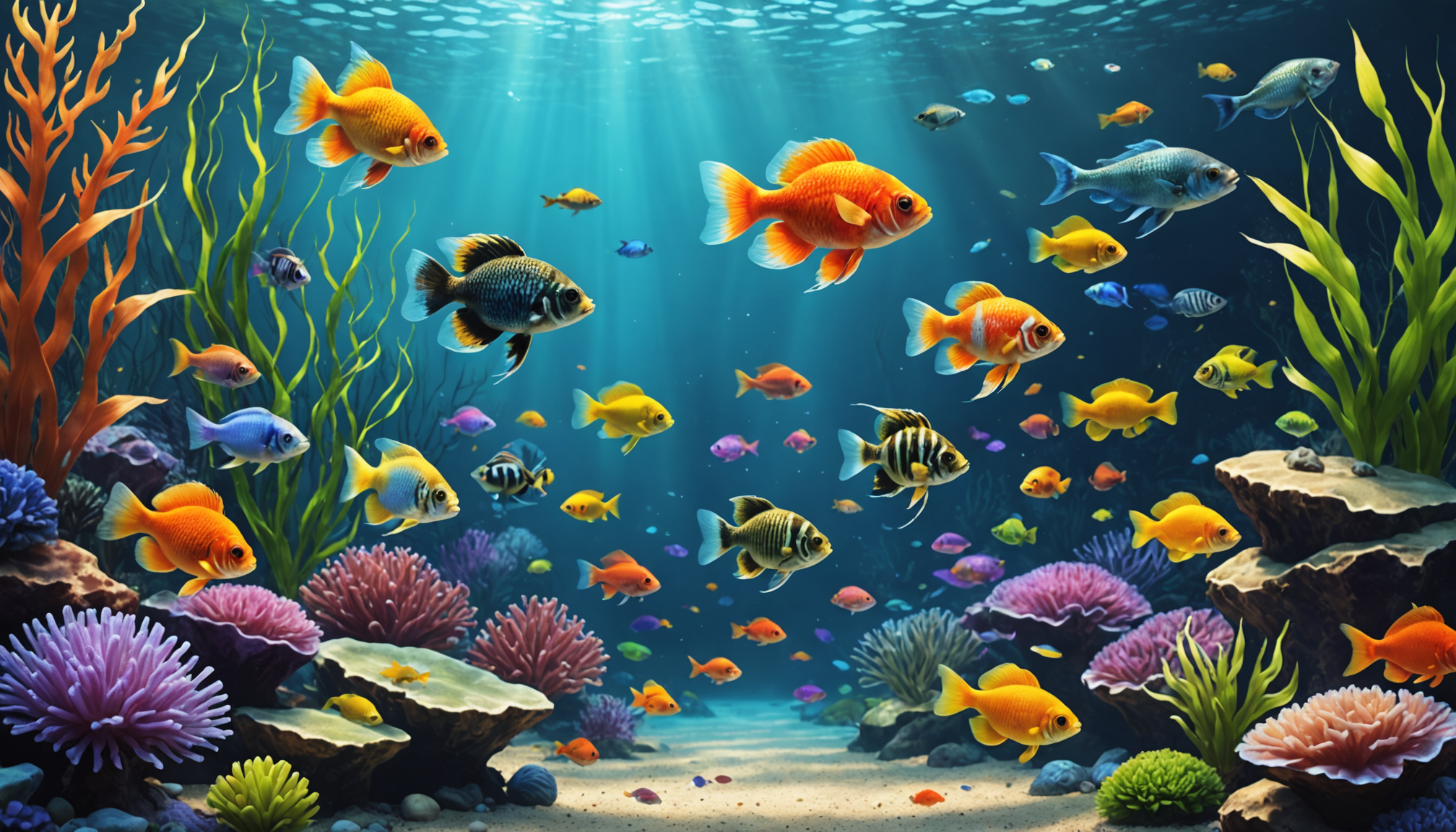 A vibrant underwater scene with various colorful fish swimming among coral reefs and sea plants under sunlight.