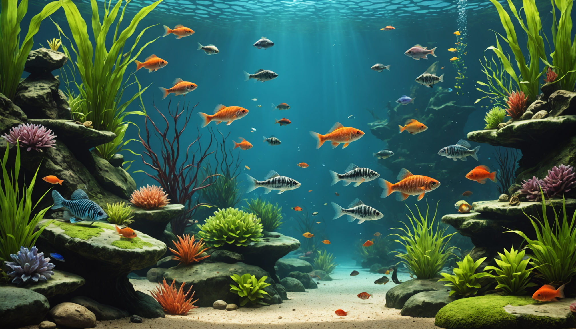 A vibrant underwater scene with various fish, including bottom-feeding aquarium fish, swimming among colorful coral and seaweed in crystal-clear blue water.