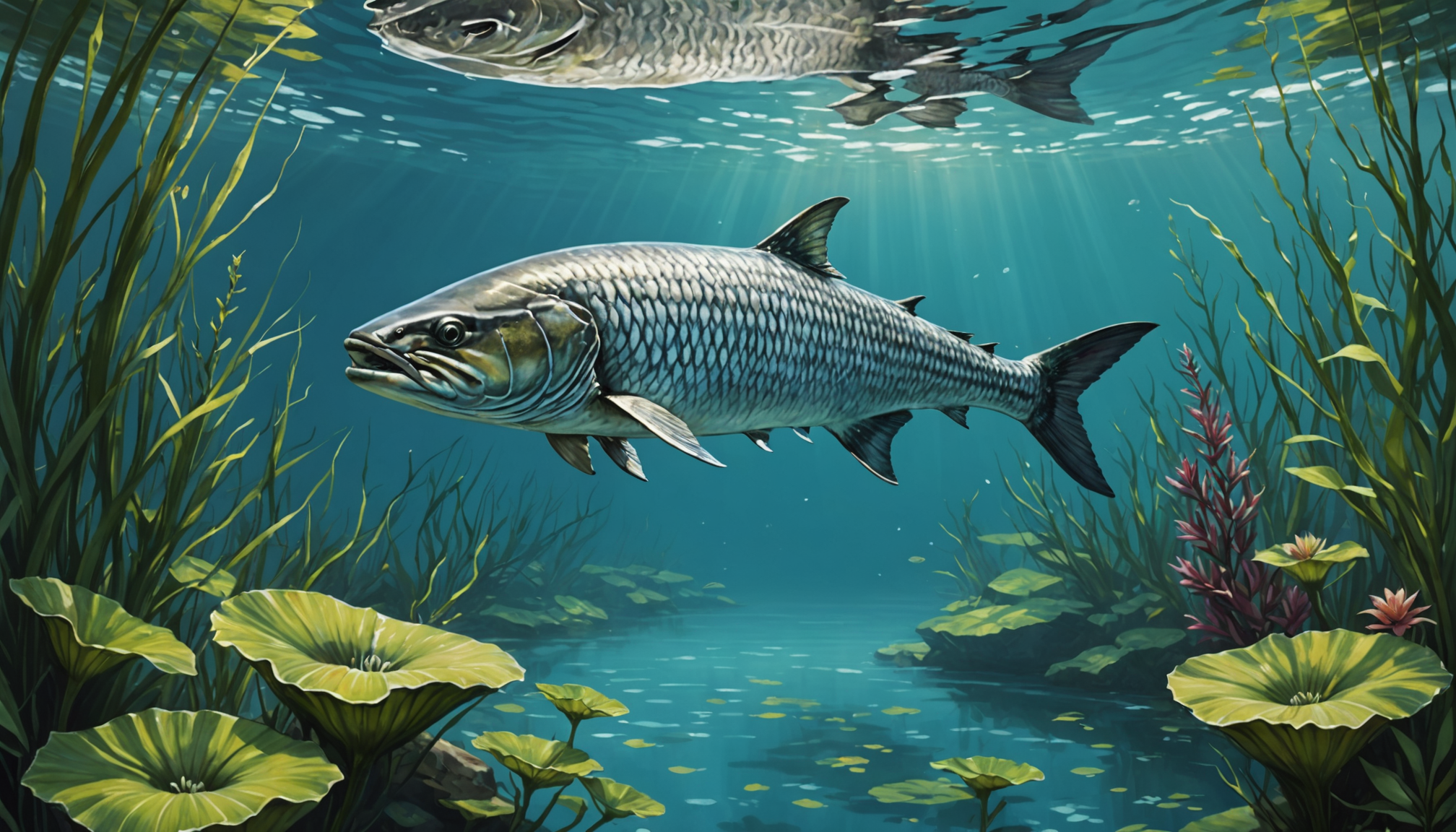 An underwater scene captures a large fish gracefully swimming among aquatic plants, with sunlight filtering through the water's surface. It's reminiscent of how tarpon can sometimes be found navigating their freshwater habitats.