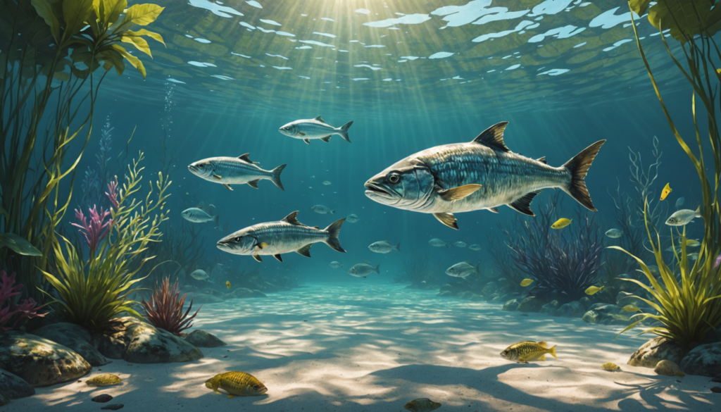 An underwater scene with various fish, including the majestic tarpon that occasionally ventures into freshwater environments, swimming among seaweed and coral formations on a sandy ocean floor, illuminated by sunlight from above.