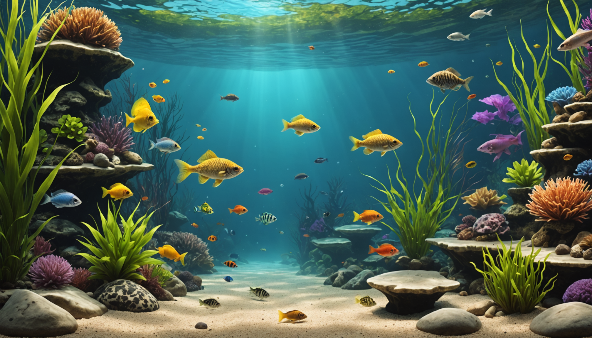 Colorful fish, including playful bottom-feeding aquarium fish, swim among rocks, corals, and seaweed in a sunlit underwater scene.