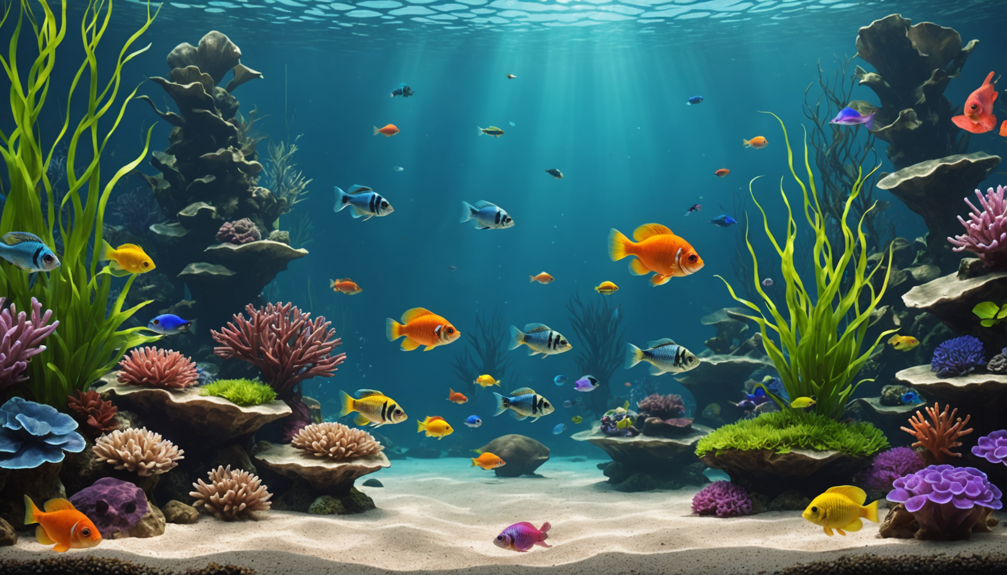 Colorful fish swim around corals and plants in a sunlit underwater scene.