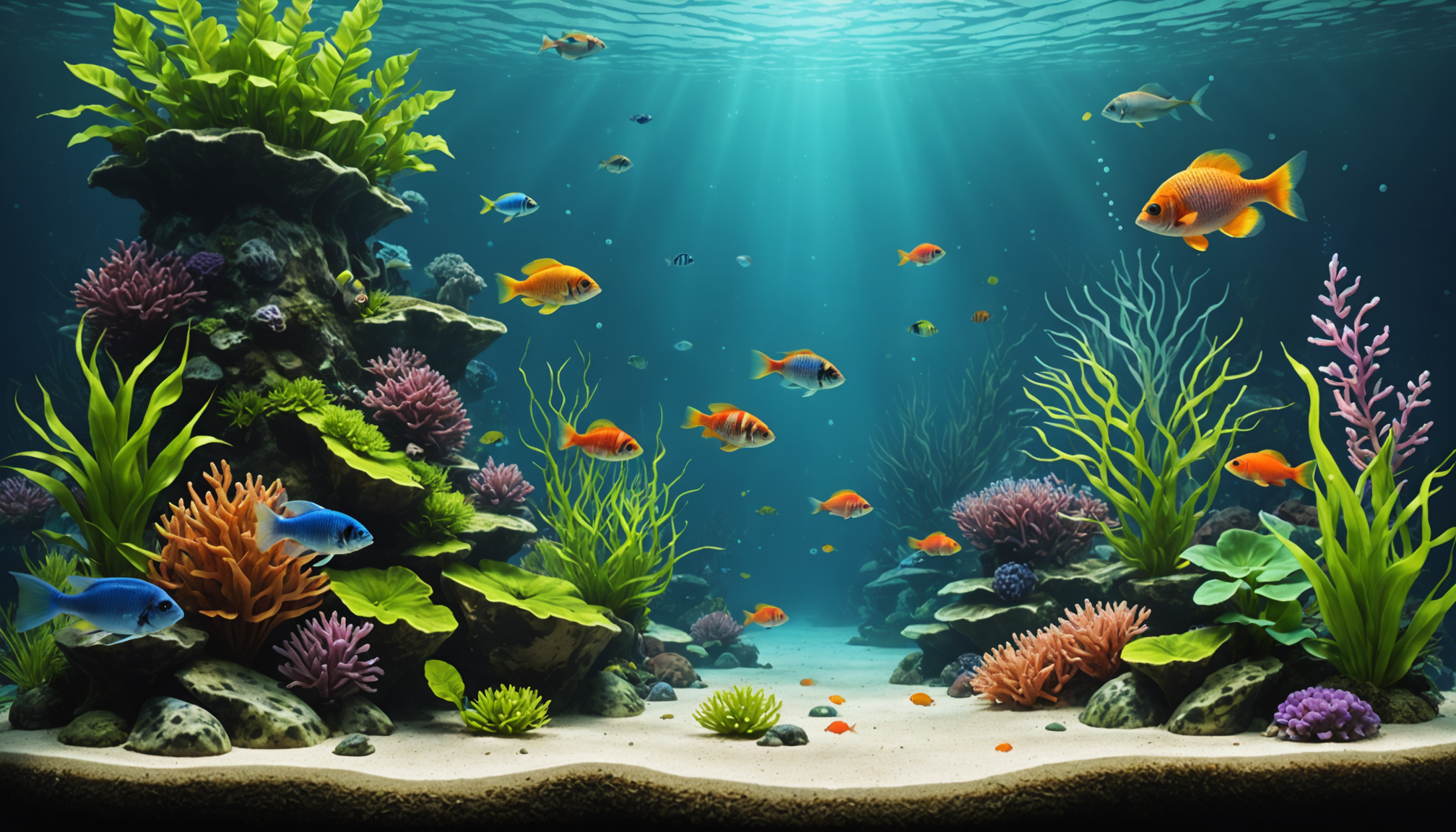 In a small, self-sustaining aquarium, colorful fish dart among vibrant coral reefs and sea plants, creating a mesmerizing sunlit underwater scene.