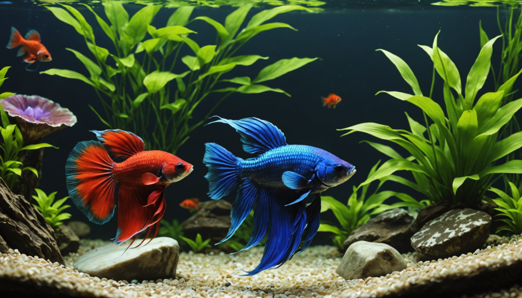 In an aquarium vibrant with green plants and rocks, two betta fish, one red and one blue, glide elegantly among small orange fish. Curious aquarists often wonder: Can a Pleco live with a Betta in such a serene setup?.