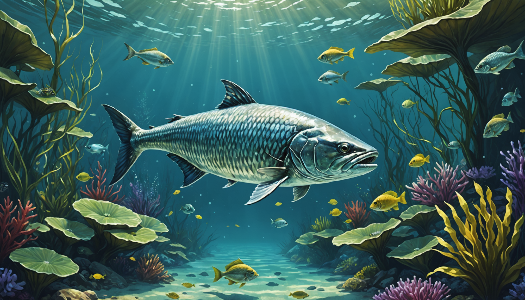 Large fish, including tarpon that can live in freshwater, swim among colorful coral and smaller fish in a sunlit underwater scene.