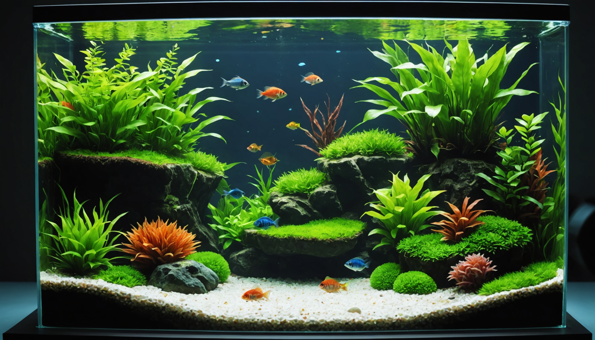 This small self-sustaining aquarium features colorful fish gracefully swimming among lush green plants, rocks, and a white gravel base.