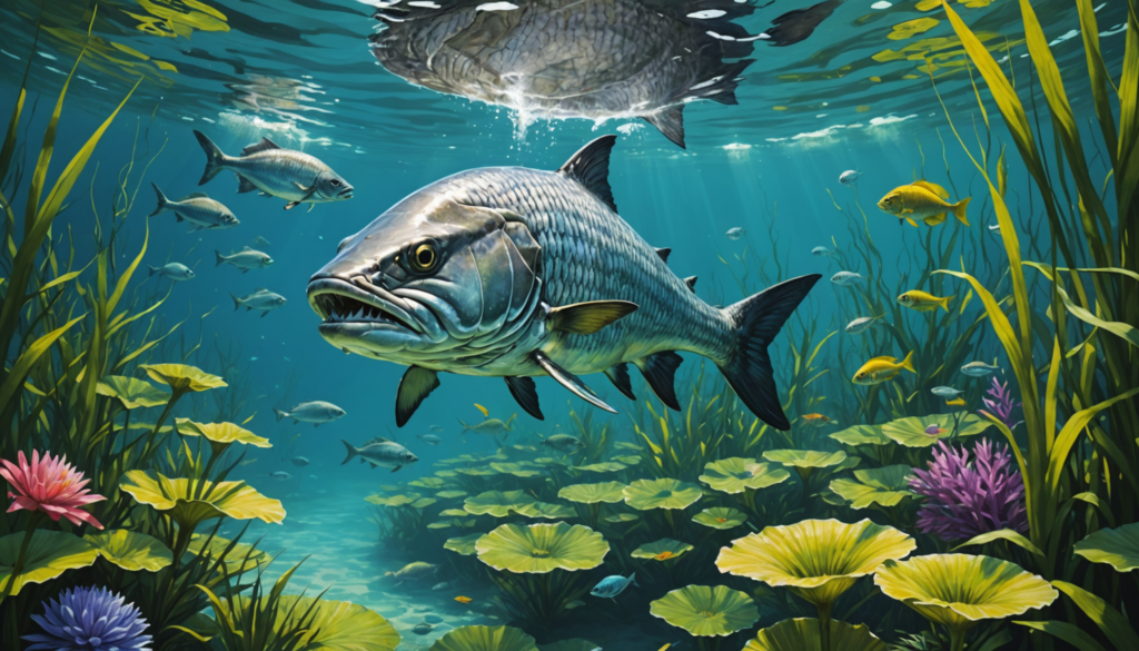 Underwater, a variety of fish glide among aquatic plants, illuminated by sunlight filtering through the surface. Curiously, tarpon—a unique species—are known to thrive even in freshwater environments.