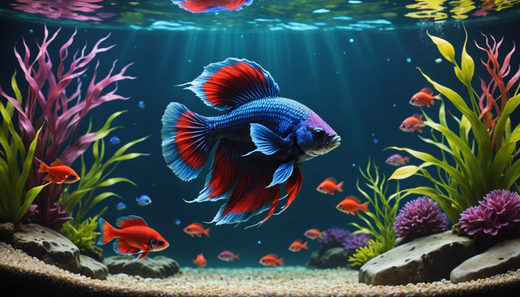 A blue and red betta fish gracefully swims in an aquarium adorned with colorful plants and small red fish, under dappled light from above—an idyllic setting showcasing the best tankmates for betta fish.