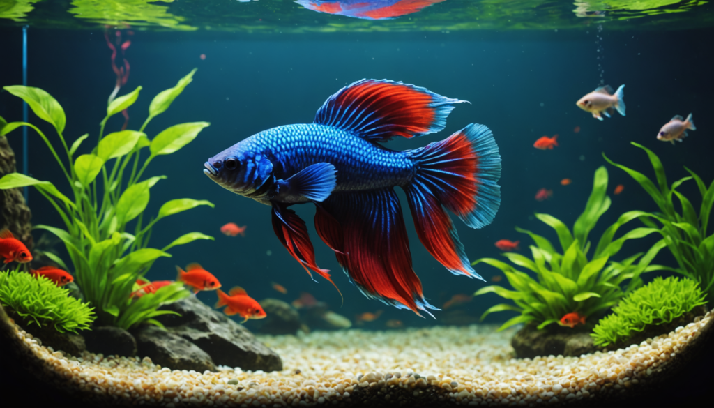 A blue and red betta fish swims gracefully in a tank filled with green plants, rocks, and accompanied by some of the best tankmates for betta fish—small red and silver fish that add a lively backdrop.