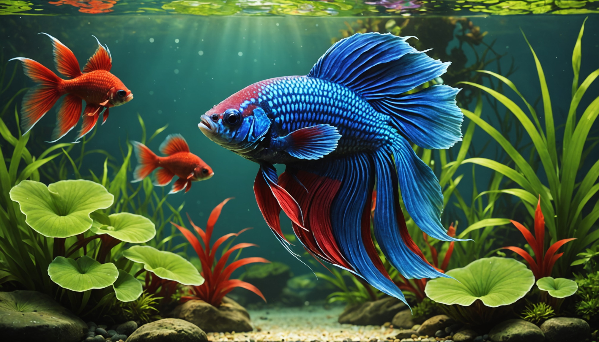 A blue betta fish with red fins swims between two smaller red fish in a planted aquarium with green and red aquatic plants and pebbles on the bottom. Sunlight filters through the water.