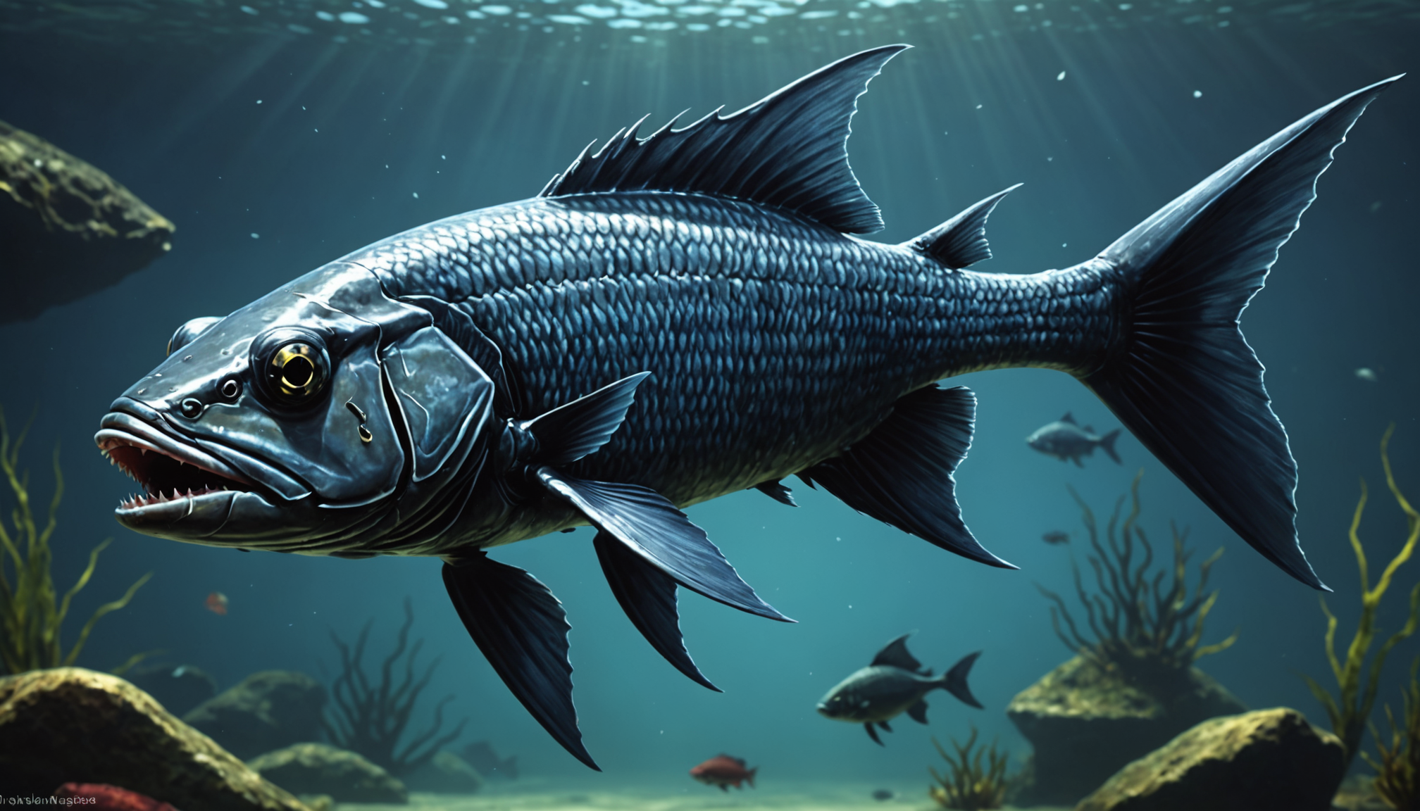 A coelacanth glides through a sunlit underwater scene, surrounded by other fish and vibrant sea plants, its ancient presence distinct amidst the freshwater fish with teeth.