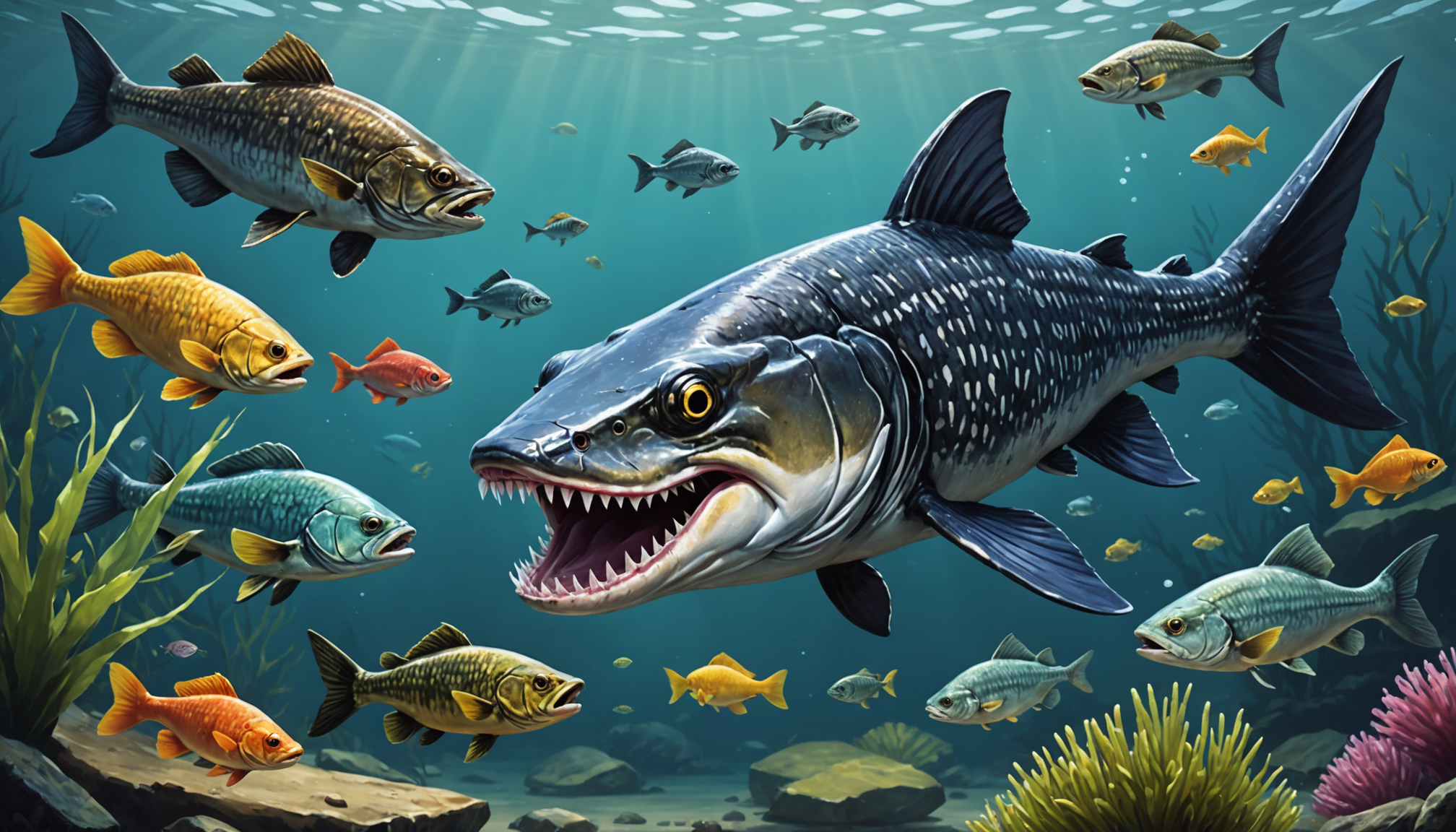 A diverse group of freshwater fish swimming underwater, featuring a large, toothy predator among smaller, colorful companions.