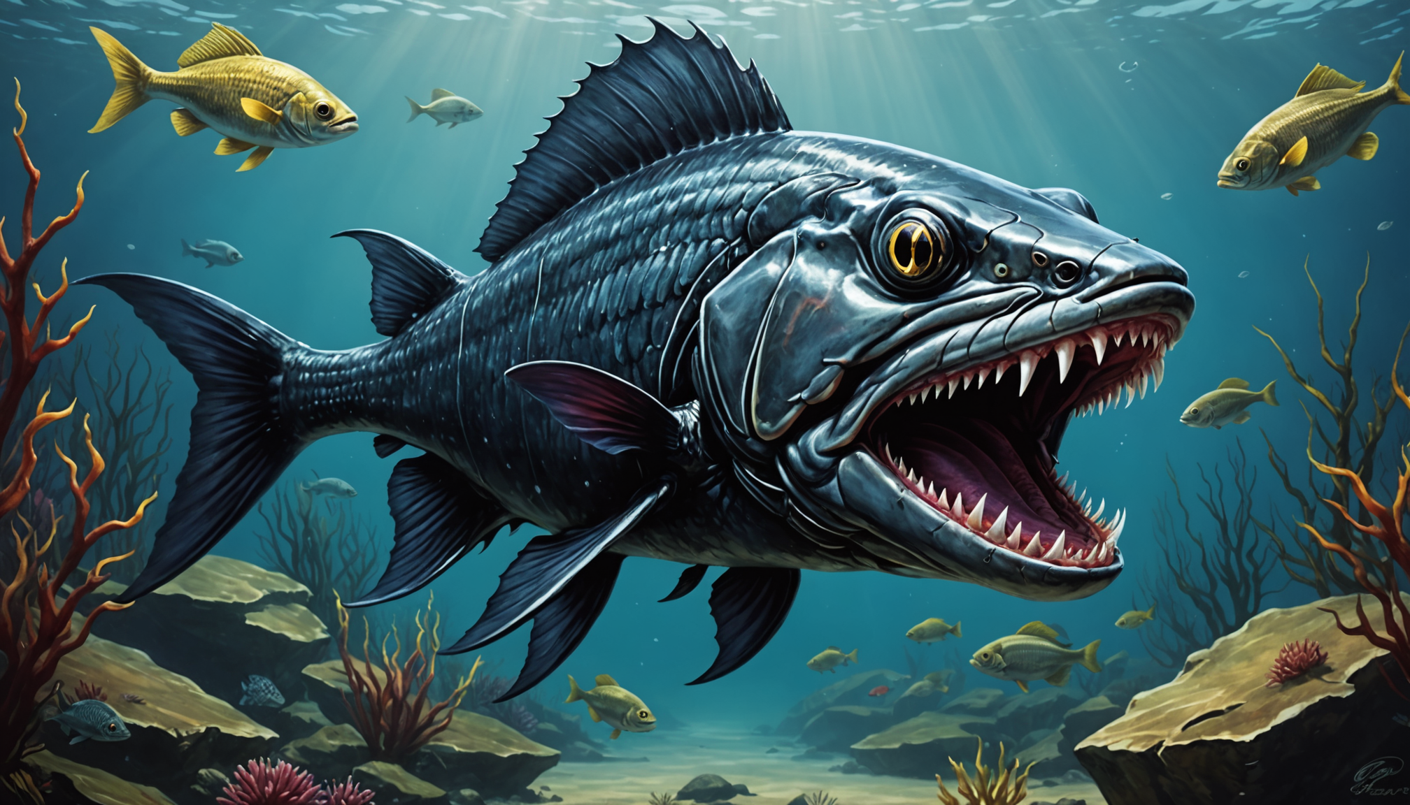 A large, menacing freshwater fish with teeth swims amongst smaller fish and coral in a vibrant underwater scene.