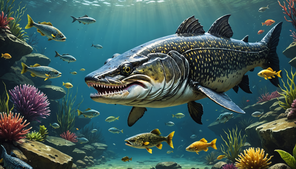 A large prehistoric fish, displaying its remarkable teeth, swims among colorful, smaller fish in a vibrant underwater scene with rocks and corals. The blend of these freshwater companions creates an enchanting aquatic tableau.