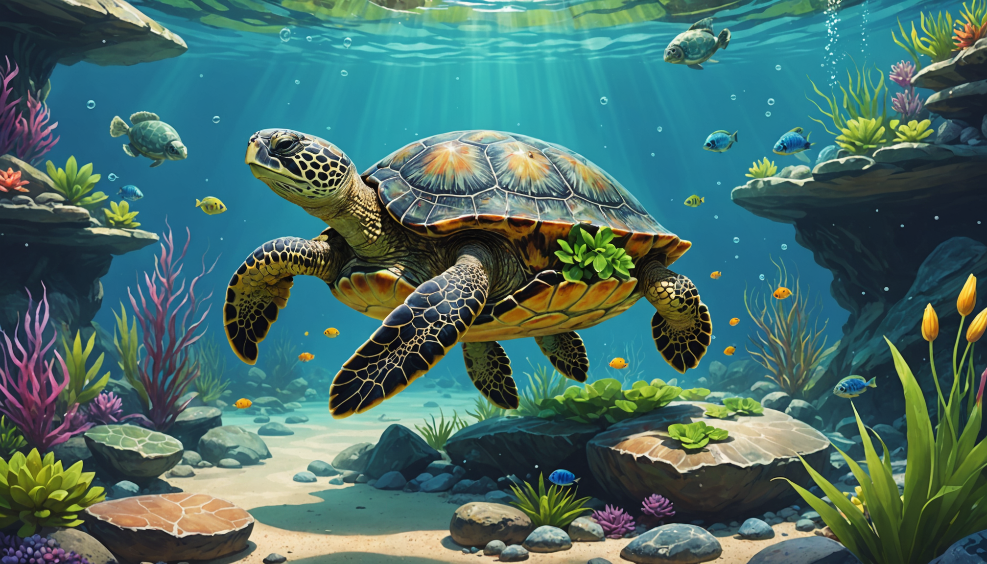 A sea turtle swims gracefully among coral reefs and fish in a sunlit underwater scene, its presence as serene as the best turtle tank filter ensuring clear, pristine waters.