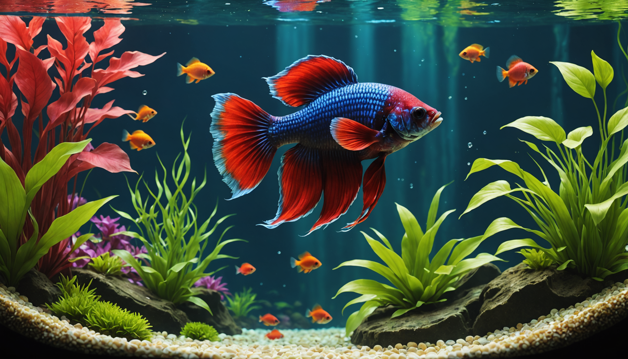 A vibrant aquarium with a large red and blue Betta fish surrounded by smaller orange fish, green and red aquatic plants, and pebbles at the bottom.