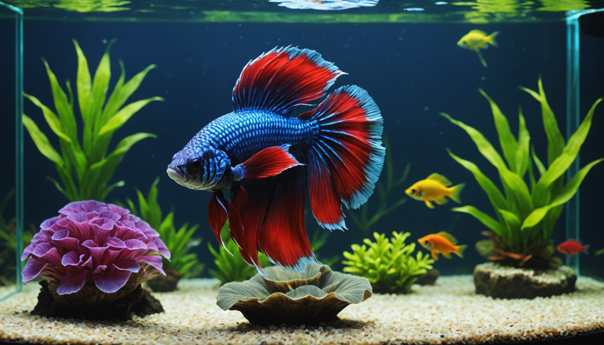 A vibrant Betta fish with blue and red fins swims gracefully in a decorated aquarium, sharing its lively home with carefully chosen plants and the best tankmates for Betta fish, creating a harmonious underwater scene.