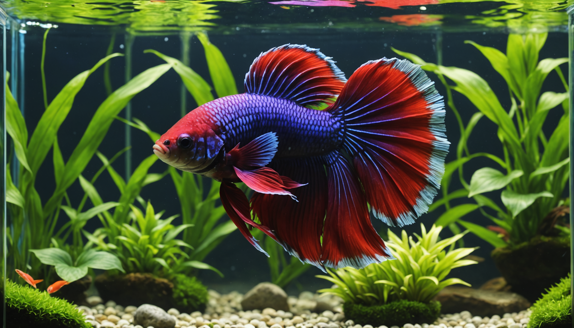 A vibrant betta fish with red and blue fins swims in a planted aquarium with smooth pebbles.