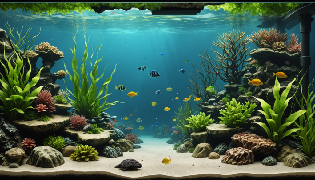 An aquarium scene featuring various colorful fish, coral, rocks, and aquatic plants under water with light rays penetrating the surface.