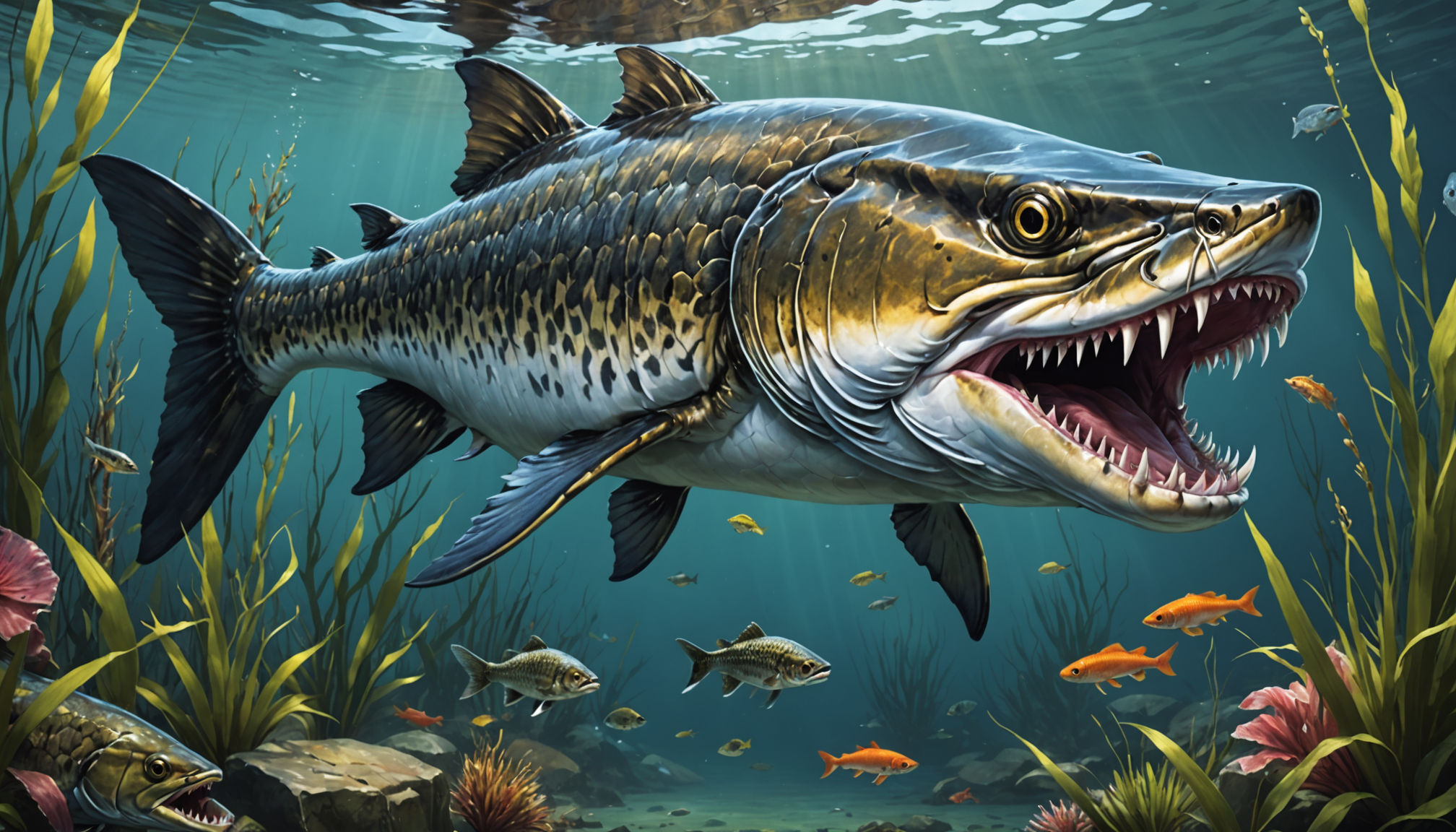 An underwater scene featuring a large predatory freshwater fish with teeth, surrounded by smaller fish and aquatic plants.