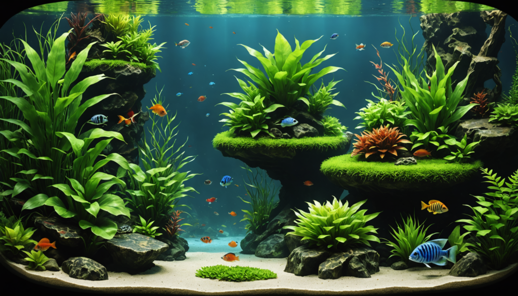 Aquarium with various colorful fish swimming among lush green plants, rocks, and sand at the bottom.