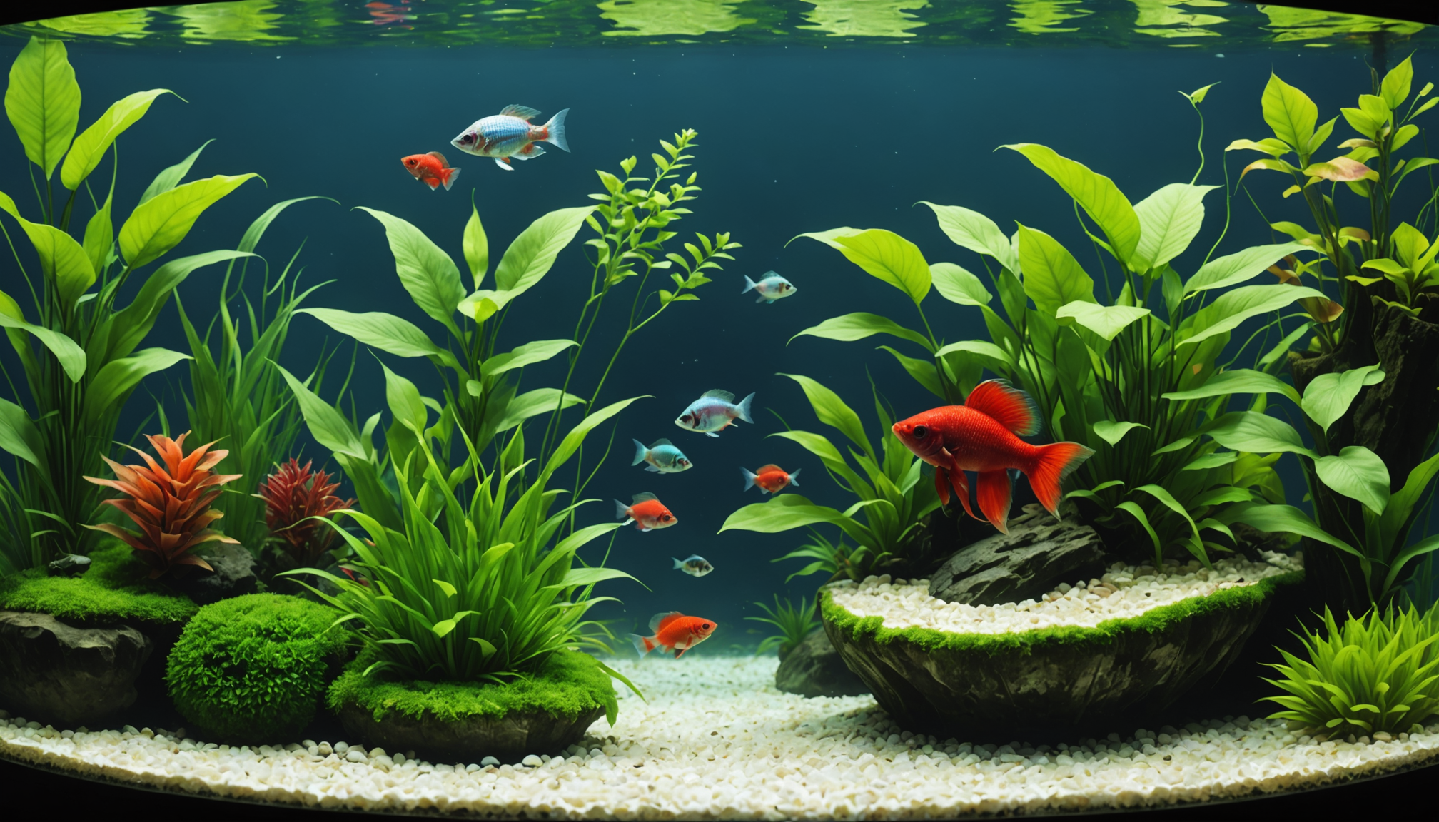 Aquarium with various tropical fish swimming among green plants, rocks, and white gravel in clear water.