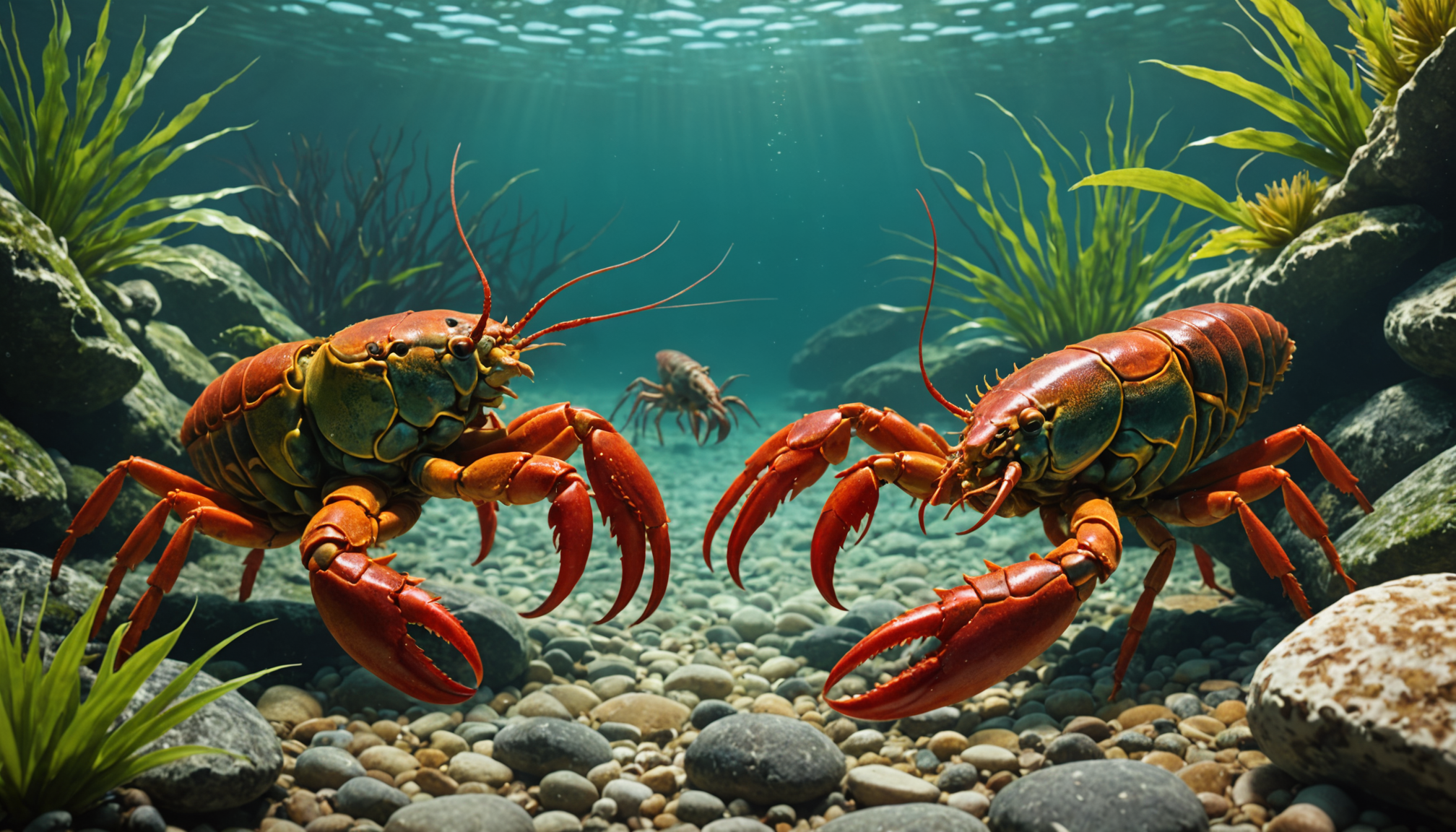 Beneath the sunlit waves, three lobsters rest on a rocky seabed adorned with vibrant aquatic plants, reminiscent of the detailed guides on how to tell male from female crayfish.