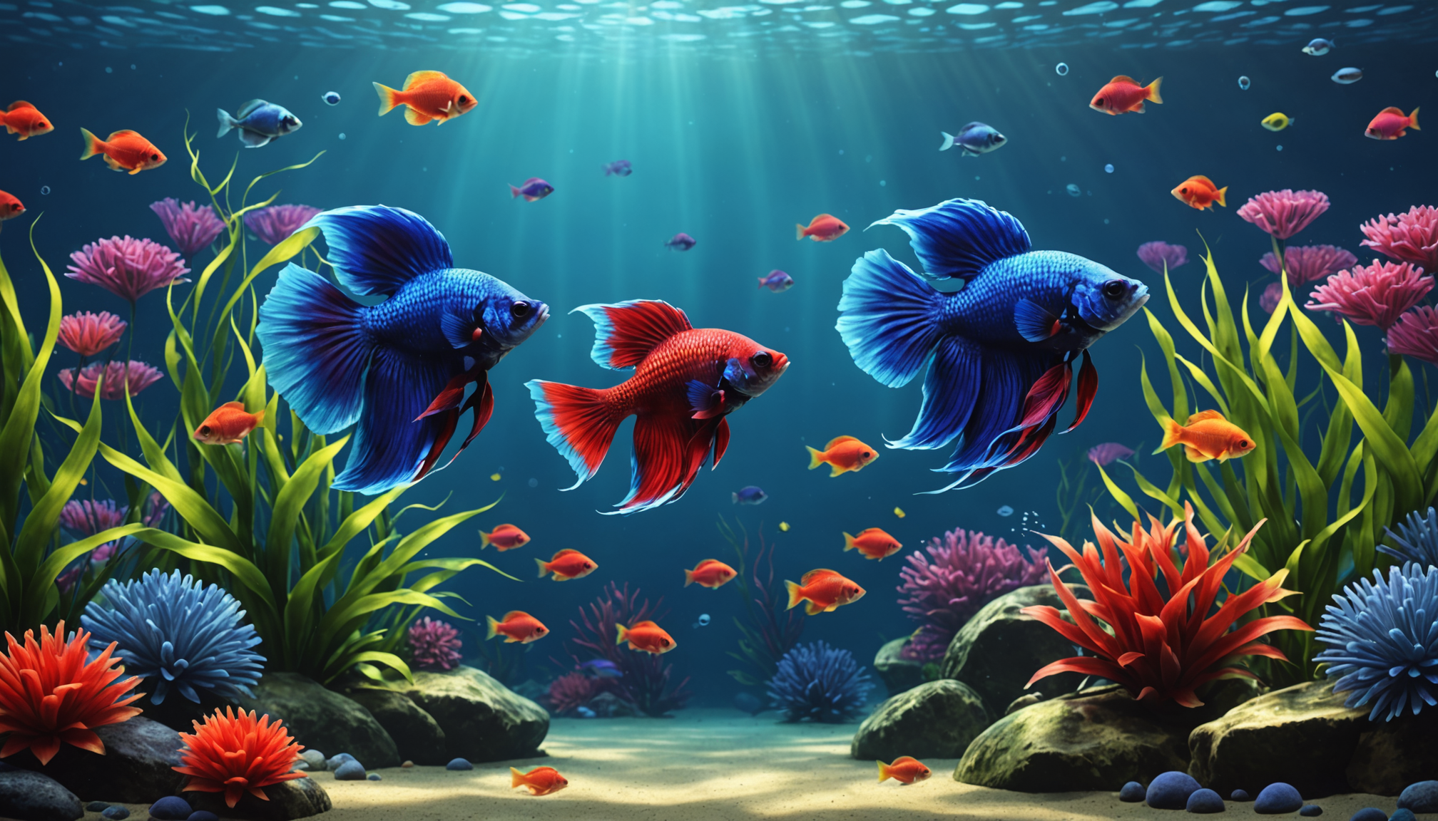 Colorful fish swim among vibrant coral and plants in a sunlit underwater scene, offering a glimpse of harmony akin to the best tankmates for Betta fish.