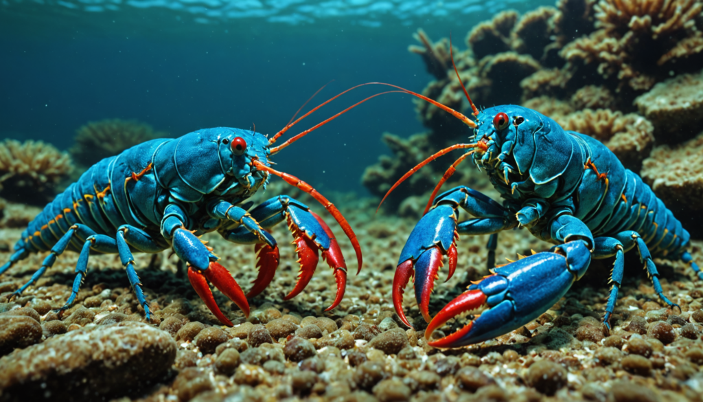 Two bright blue lobsters with red claws face each other on a rocky seabed, surrounded by coral and sea plants. Observers might wonder how to tell male from female crayfish in this vibrant underwater scene.