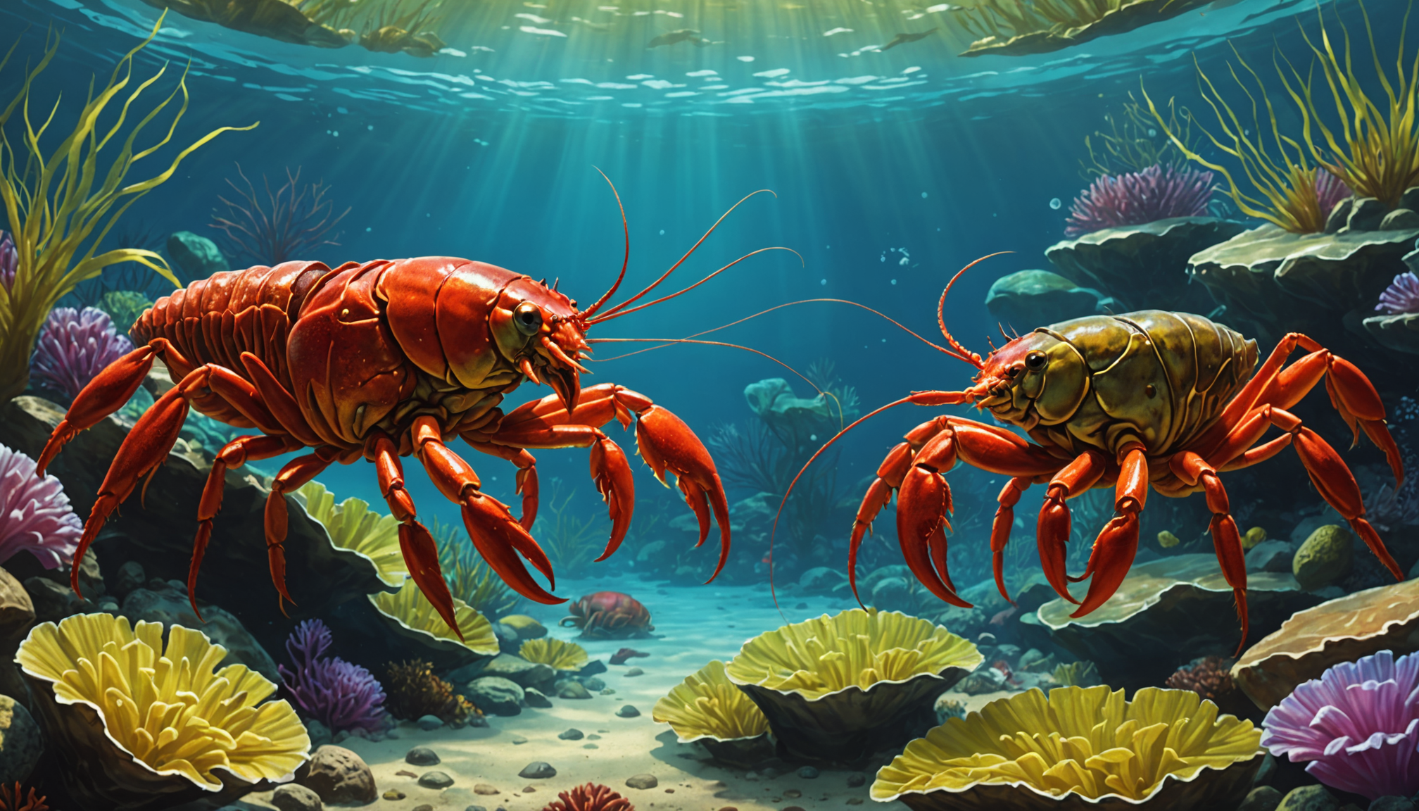 Two colorful lobsters face each other in a vibrant underwater scene with coral and sea plants under sunlight, reminiscent of learning how to tell male from female crayfish in their natural habitat.