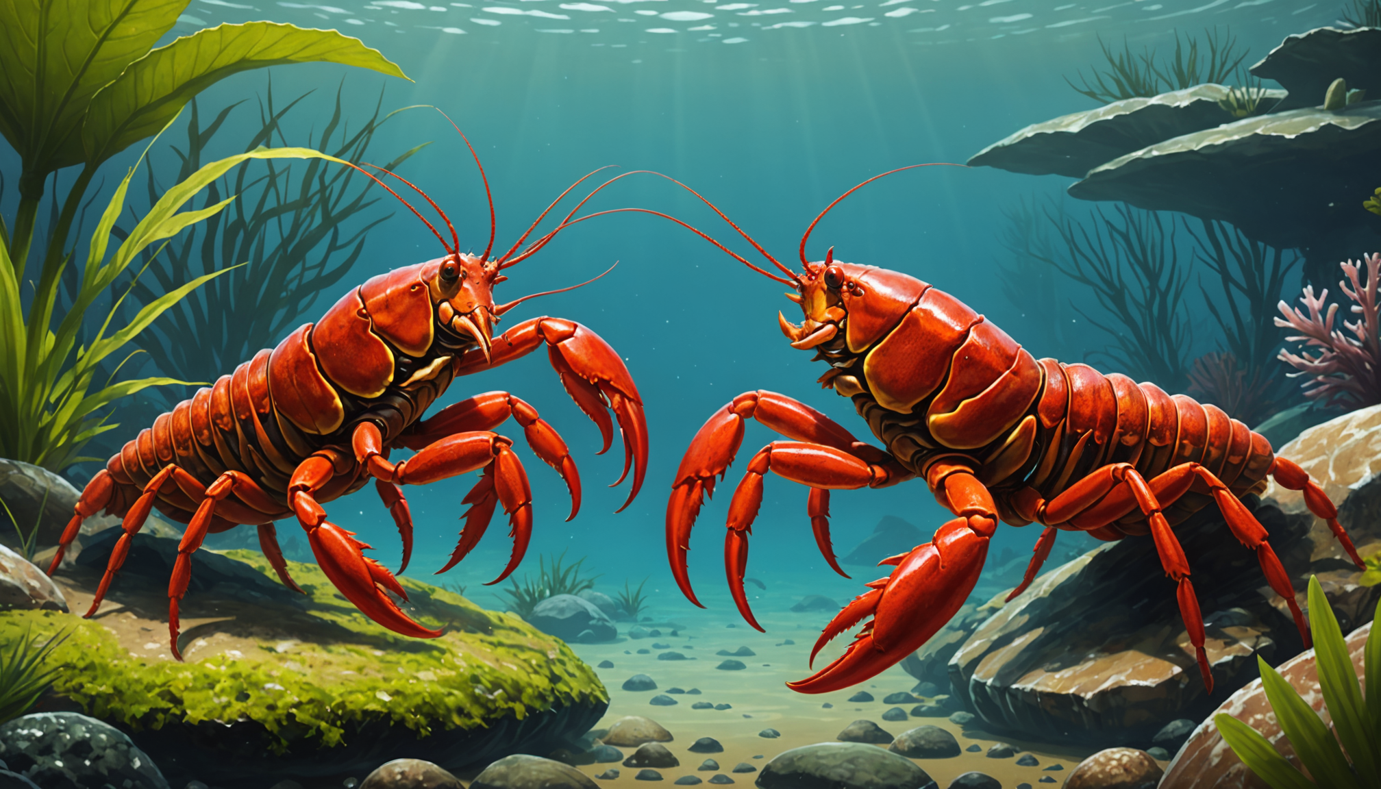 Two orange lobsters face each other underwater, surrounded by rocks and seaweed, as if demonstrating how to tell male from female crayfish. Sunlight filters through the water above.