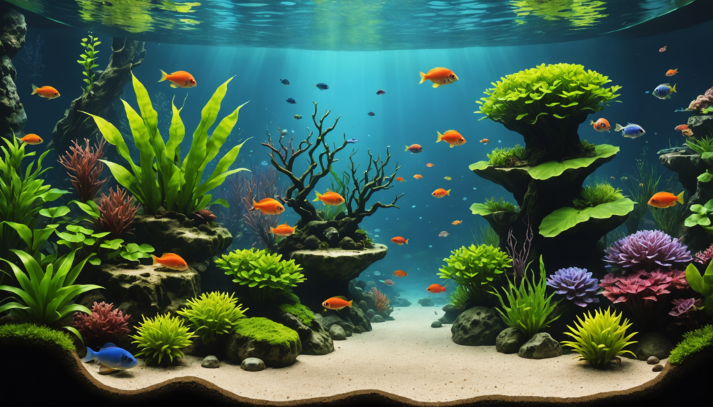 Underwater scene of a vibrant aquarium with various fish swimming among colorful coral and plants, illuminated by sunlight from above.