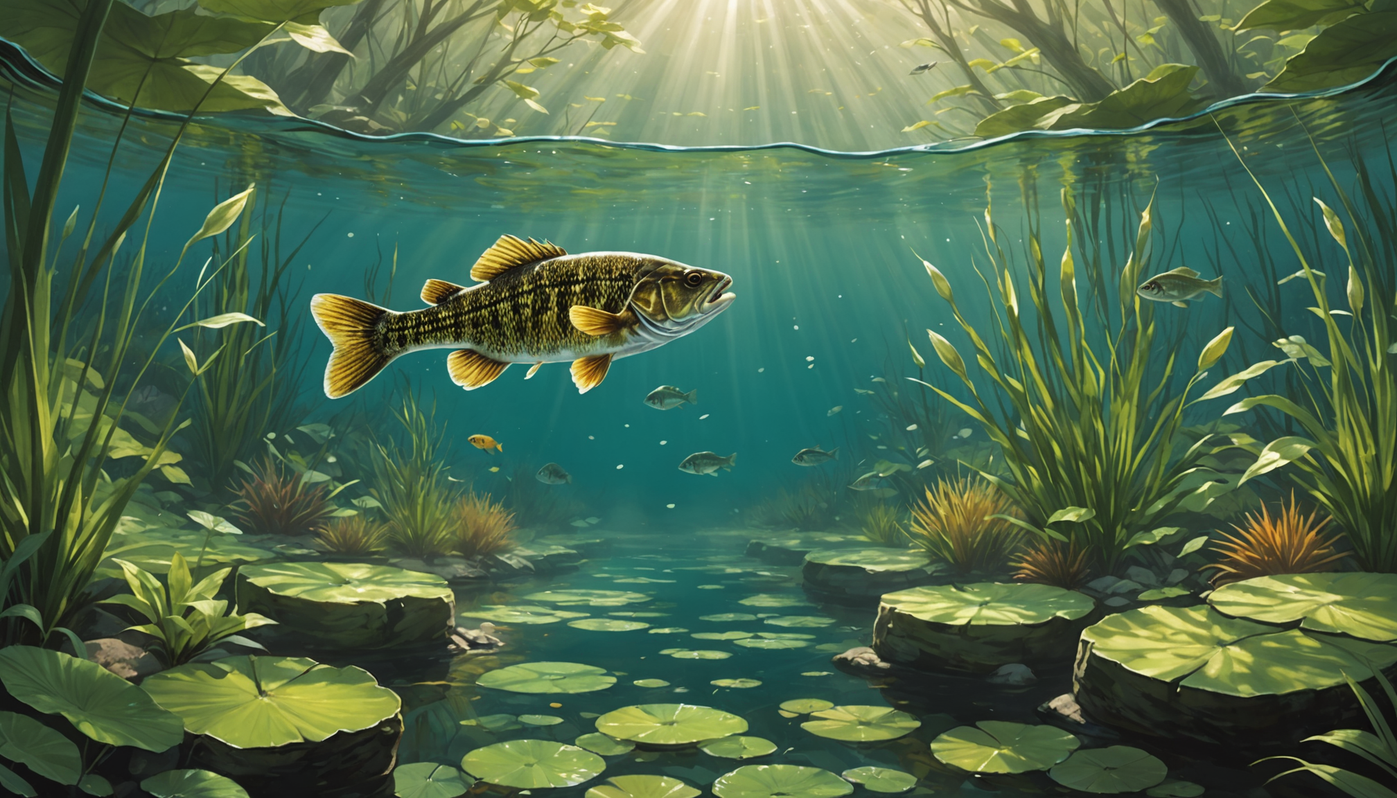 A fish, perhaps the best for an outdoor pond, swims gracefully in a clear underwater scene with sunlight streaming through, surrounded by aquatic plants and lily pads.