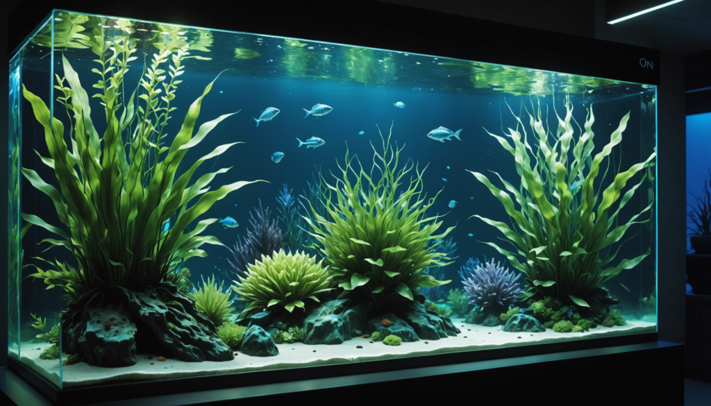 A large aquarium featuring the best artificial plants for aquariums, vibrant corals, and small fish swimming against a serene blue backdrop.