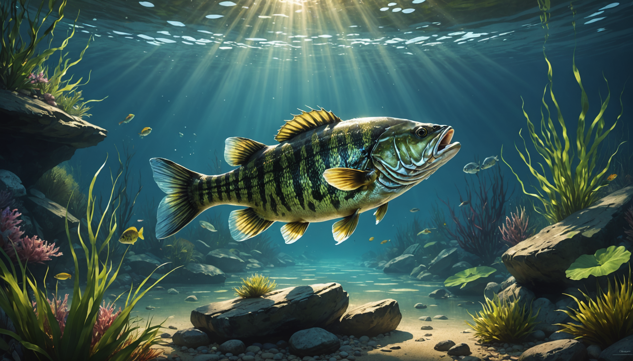 A largemouth bass, one of the best fish for an outdoor pond, swims in clear water surrounded by rocks and aquatic plants, with sunlight filtering through the surface.