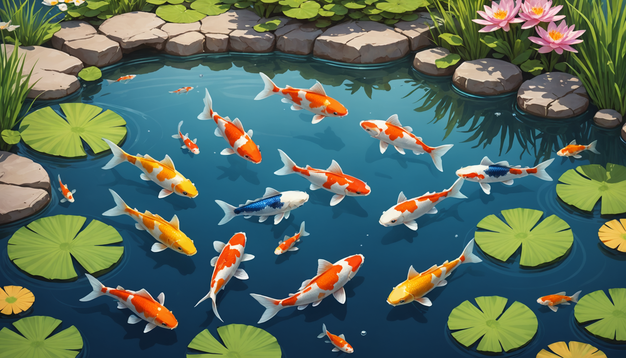 A pond with colorful koi fish swimming among lily pads and pink flowers, surrounded by stones and greenery, showcases the best fish for an outdoor pond.