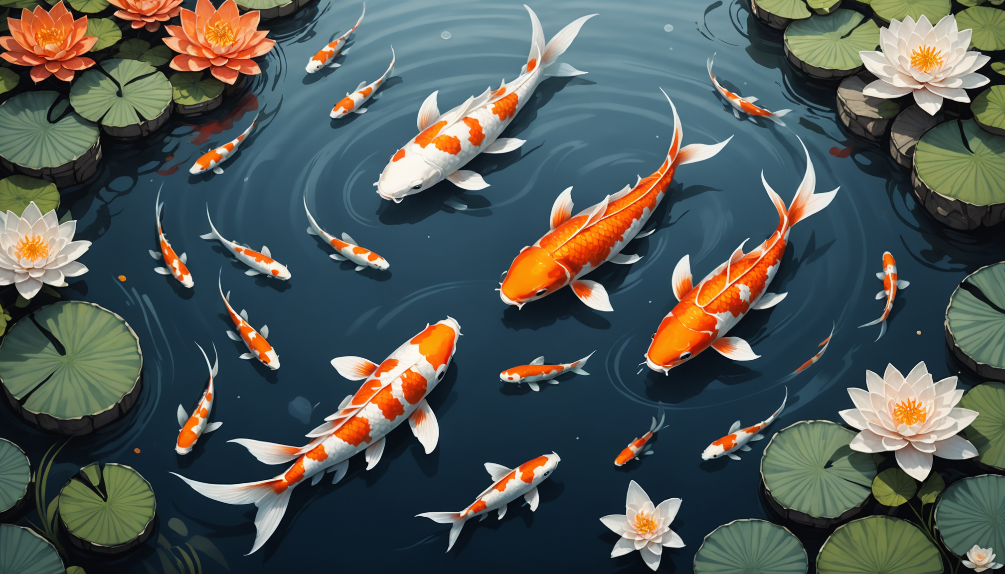 A pond with several koi fish, known as the best fish for an outdoor pond, swim gracefully amongst lily pads and blooming water lilies. Their vibrant patterns of orange, white, and black create a mesmerizing display.