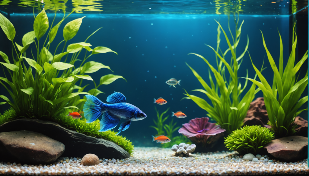 A vibrant aquarium, ideal for beginners, showcases a blue betta fish accompanied by small orange fish. Lush green plants, rocks, and decorations enhance the gravel substrate, all set against a deep blue background in this perfect small tank setup.