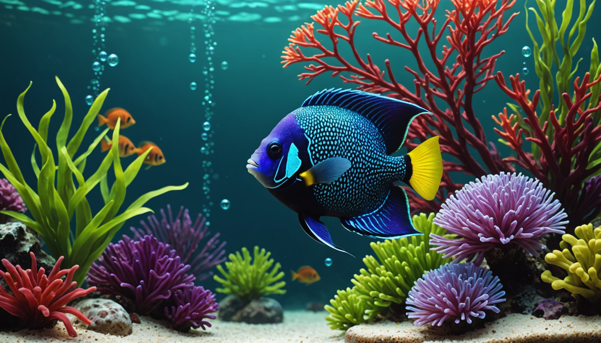 A vibrant blue and yellow fish swims among colorful coral and the best artificial plants for aquariums in a clear underwater scene.